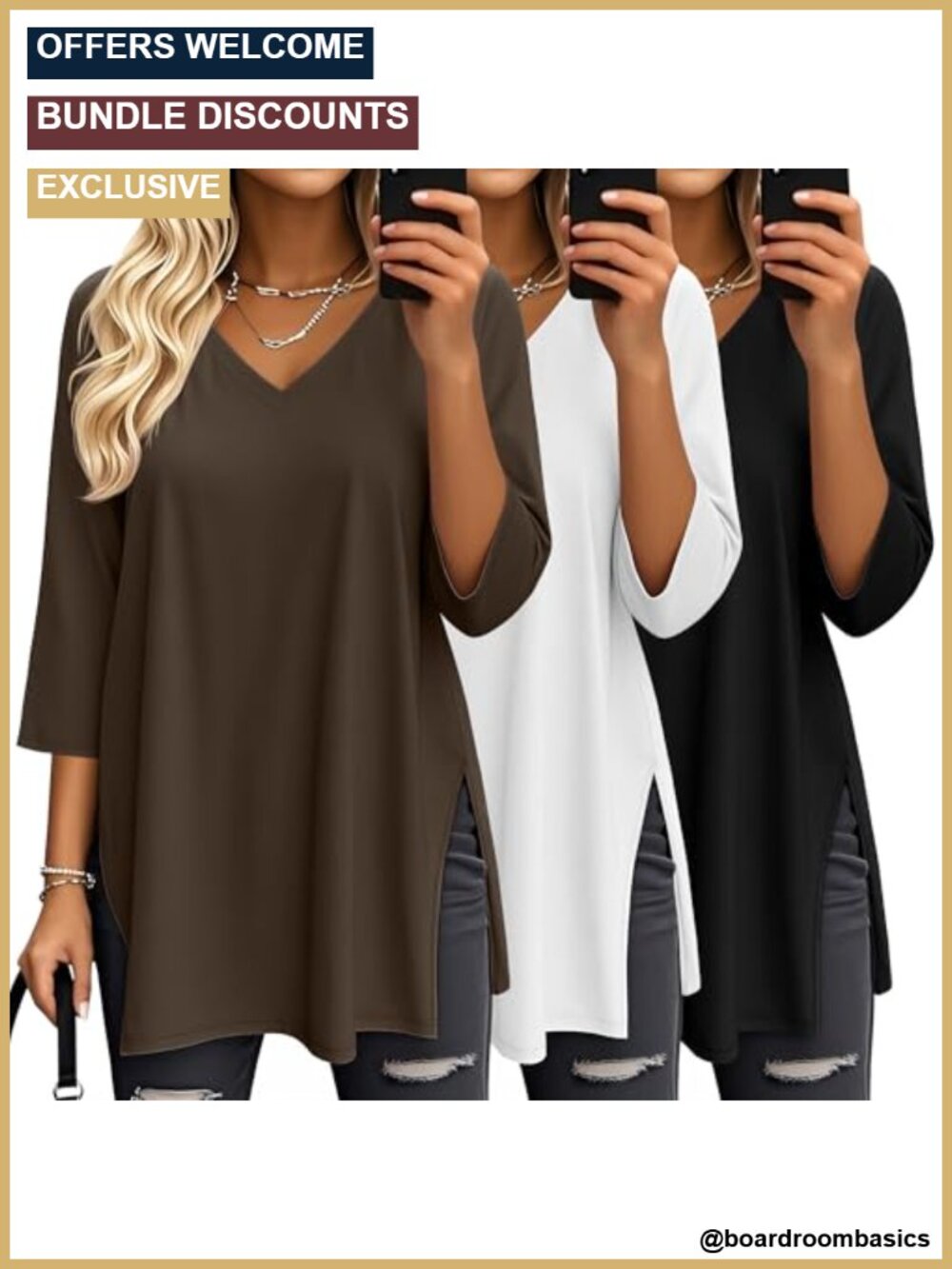 3 Pack Women's 3/4 Sleeve T-Shirts Oversized V-Neck Tunic Tops